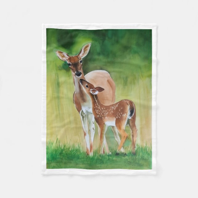 Tuch mit Mutterhirsch und Hirschkalb-Wildtiermaler Fleecedecke (Vorderseite)