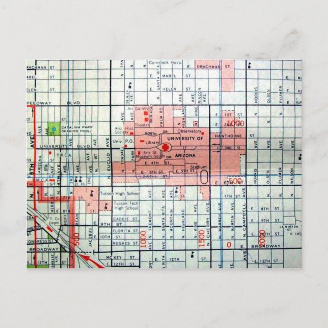 Tucson, AZ Vintag Map Postkarte (Vorderseite)