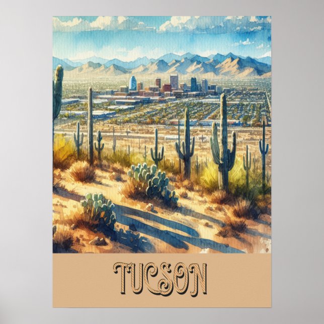 Tucson und Saguaro Watercolor Poster (Vorne)