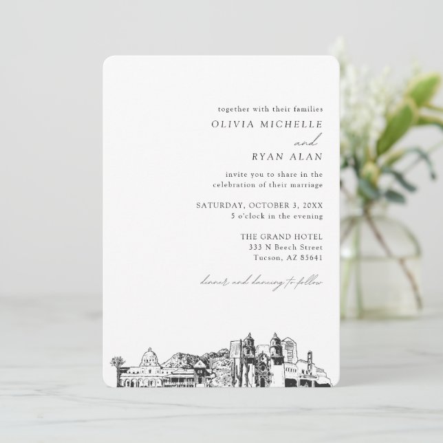 Tucson Wedding Elegant Moderne Skyline Einladung (Stehend Vorderseite)