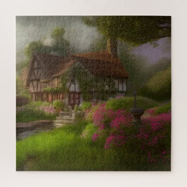 Tudor-Hütte in scheußlicher Gartenlandschaft Puzzle (Vertikal)