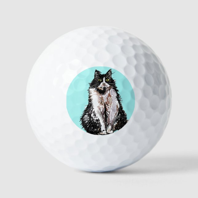 Tuexdo cat Katzen Schwarz-weiße Aquarellfarben Vat Golfball (Vorderseite)