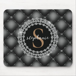 Tufted Black Diamonds Gold Monogram Elegant Luxury Mousepad