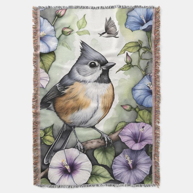 Tufted Titmouse Morning Glory Blume Vines titmice Decke (Vorderseite Vertikal)