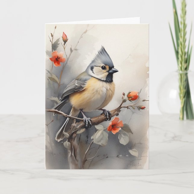 Tufted Titmouse Ruhen auf Baum Red Blume Blank Karte (Vorderseite)