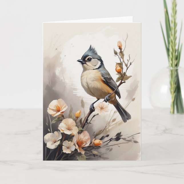 Tufted Titmouse Ruhen auf Baumgrenze Blume Leere Karte (Vorderseite)
