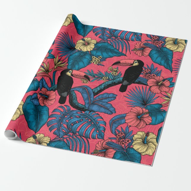 Tukan-Garten in Rot und Blau Geschenkpapier (Ungerollt)