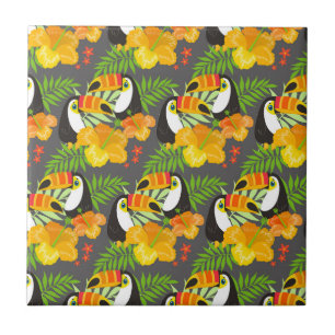 Tukan Vogel Orange Tropische Blumen Grüne Blätter Fliese