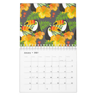Tukan Vogel Orange Tropische Blumen Grüne Blätter Kalender