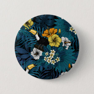 Tukane und tropische Flora, blau, gelb, orange Button