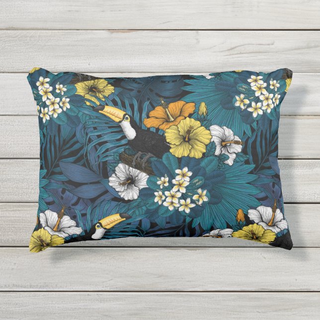 Tukane und tropische Flora, blau, gelb, orange Kissen Für Draußen (Vorderseite)