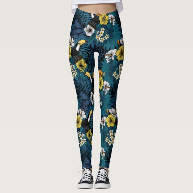 Tukane und tropische Flora, blau, gelb, orange Leggings (Vorderseite)