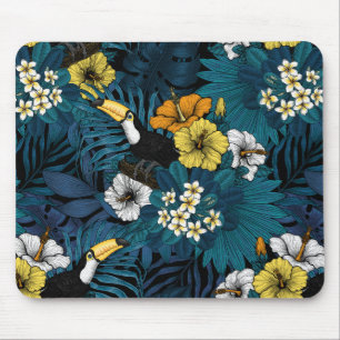 Tukane und tropische Flora, blau, gelb, orange Mousepad
