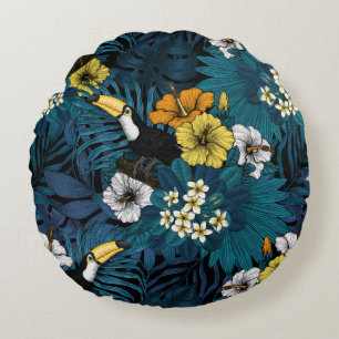 Tukane und tropische Flora, blau, gelb, orange Rundes Kissen