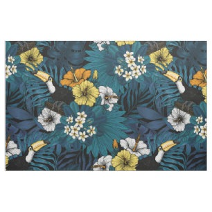 Tukane und tropische Flora, blau, gelb, orange Stoff