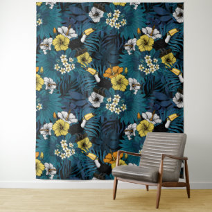 Tukane und tropische Flora, blau, gelb, orange Wandteppich