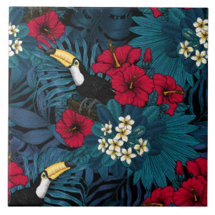 Tukane und tropische Flora, grün und rot Fliese