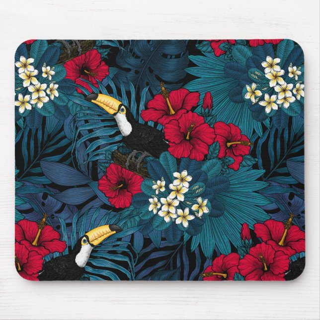 Tukane und tropische Flora, grün und rot Mousepad (Vorne)