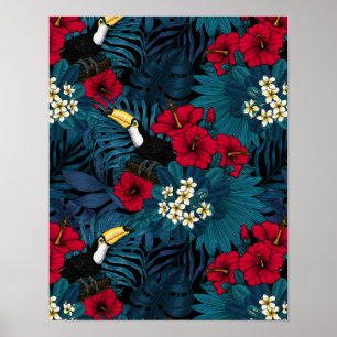 Tukane und tropische Flora, grün und rot Poster