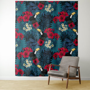 Tukane und tropische Flora, grün und rot Wandteppich