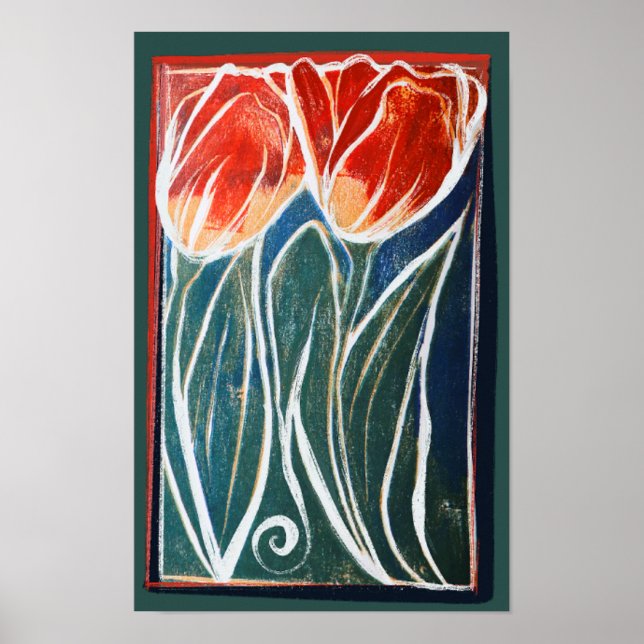 Tulip Artwork, blaue und rote Tulpen Poster (Vorne)