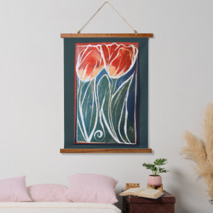 Tulip Artwork, blaue und rote Tulpen Wandteppich Mit Holzrahmen