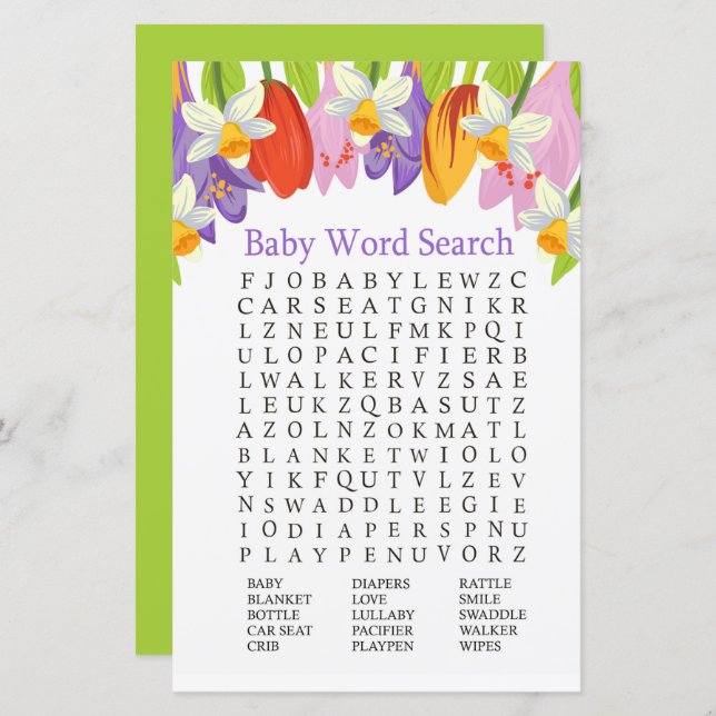 Tulip Baby Shower Word Search Game (Vorne/Hinten)