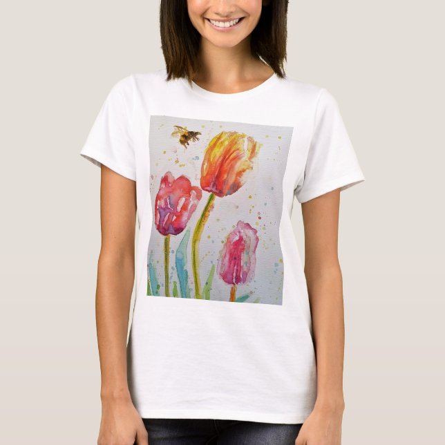 Tulip Bee Floral Blume Watercolor Womens T Shirt (Vorderseite)