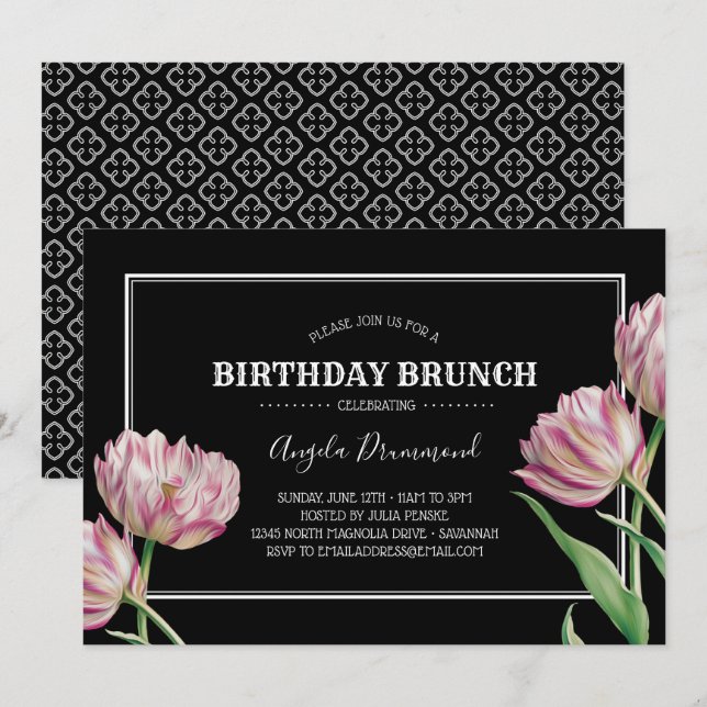Tulip Blume Birthday Brunch Black Einladung (Vorne/Hinten)