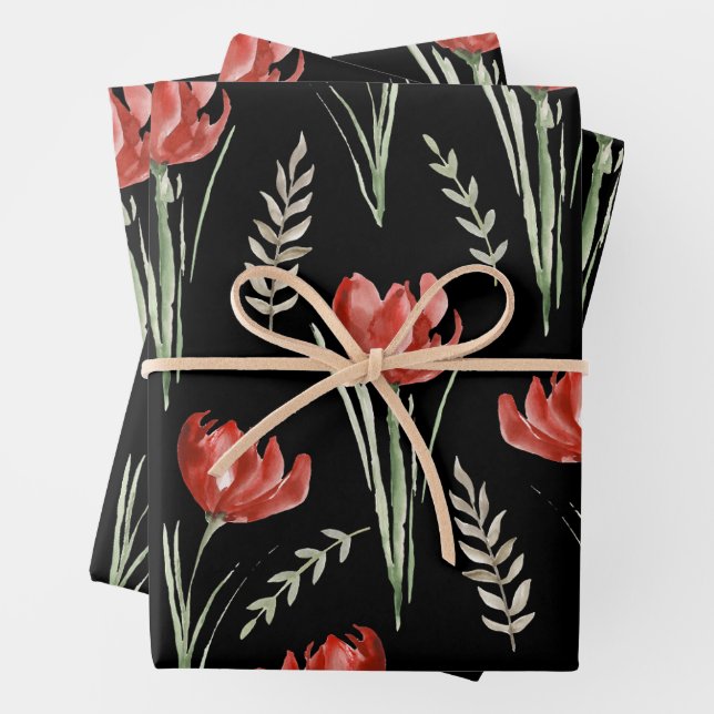 Tulip Blume Botanisches Wasserfarbe Schwarz Geschenkpapier Set (Beispiel)