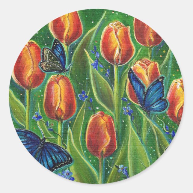 Tulip-Blume mit Schmetterlingen von Renee Lavoie Runder Aufkleber (Vorderseite)