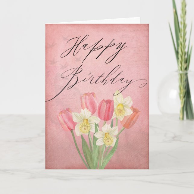 Tulip Daffodil Spring Flowers Happy Birthday Karte (Vorderseite)