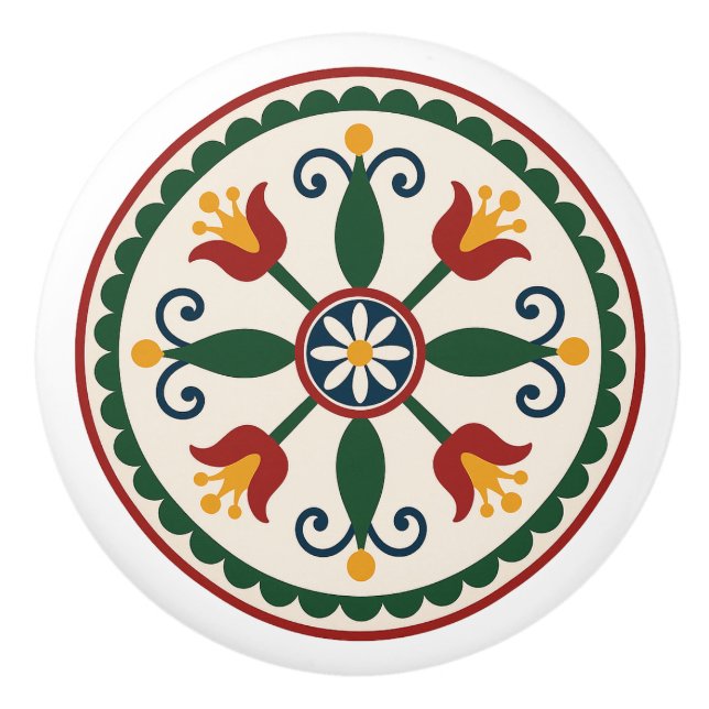 Tulip & Daisy Floral Pennsylvania Dutch Hex Sign K Keramikknauf (Vorderseite)