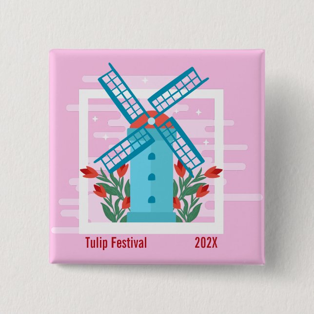 Tulip Festival, Blue Windmill, Red Tulips Button (Vorderseite)