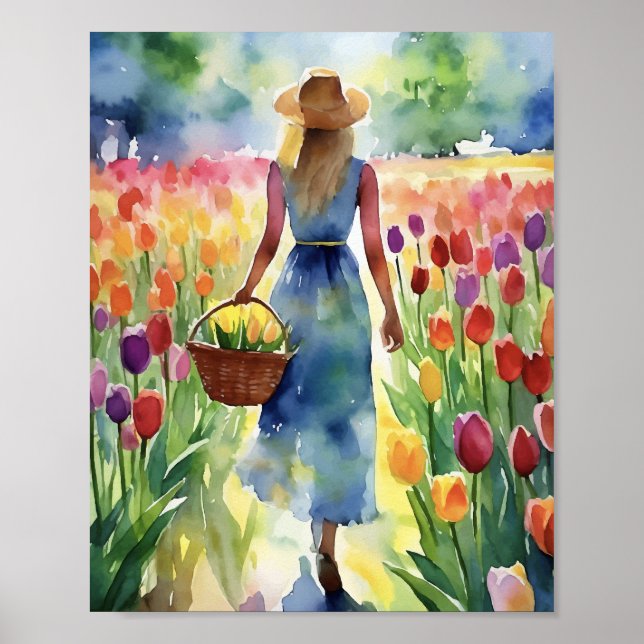 Tulip Field Colorful Wasserfarbe Poster (Vorne)
