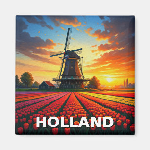 Tulip Fields Windmill Holland Sunset Magnet