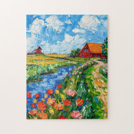 Tulip Fields with Barn and Stream Fantasy Painting Puzzle