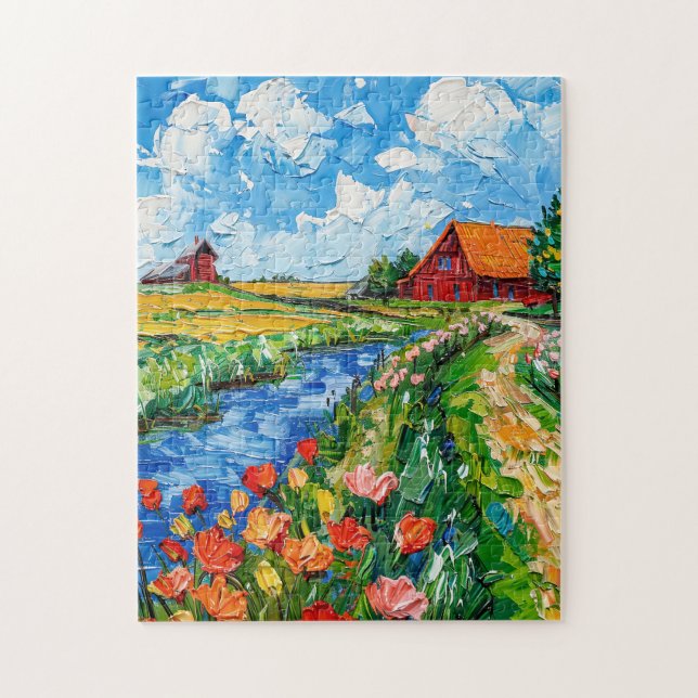 Tulip Fields with Barn and Stream Fantasy Painting Puzzle (Vertikal)