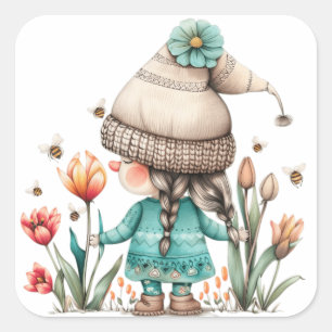Tulip Floral Girl Gnome Quadratischer Aufkleber