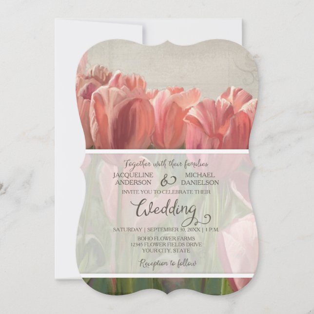 Tulip Floral Moderner Frühling Hochzeit Holz rusti Einladung (Vorderseite)