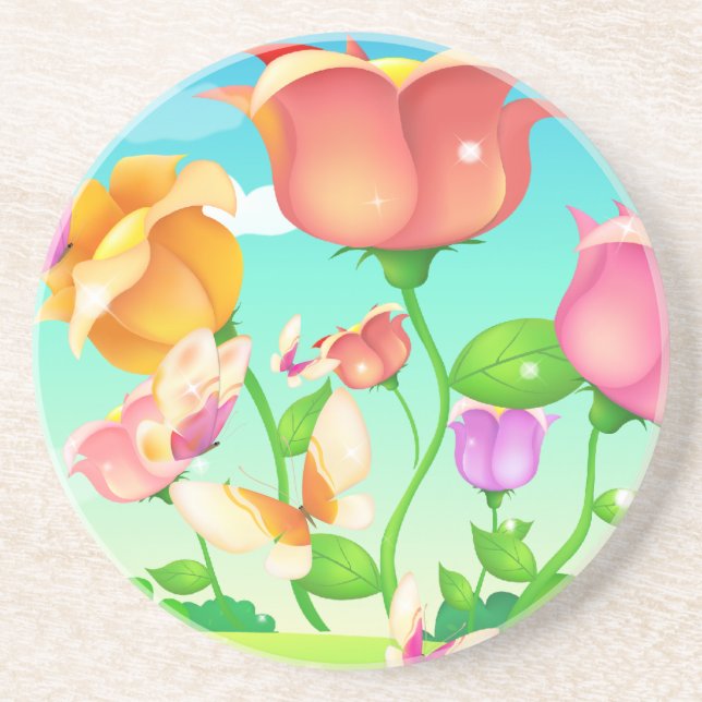 Tulip Garden Butterfly Sandstein Untersetzer (Vorne)