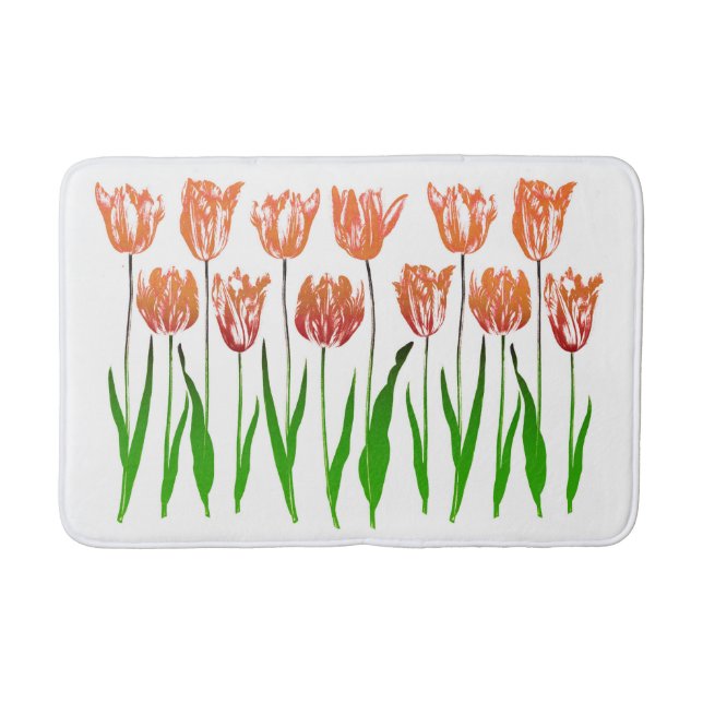 Tulip Garden Print in Coral Orange und Green Badematte (Vorderseite)