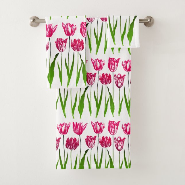 Tulip Garden Print in Fuchsia Pink und Green  Badhandtuch Set (Insitu)