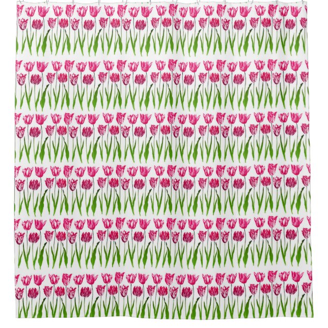 Tulip Garden Print in Fuchsia Pink und Green Duschvorhang (Vorderseite)