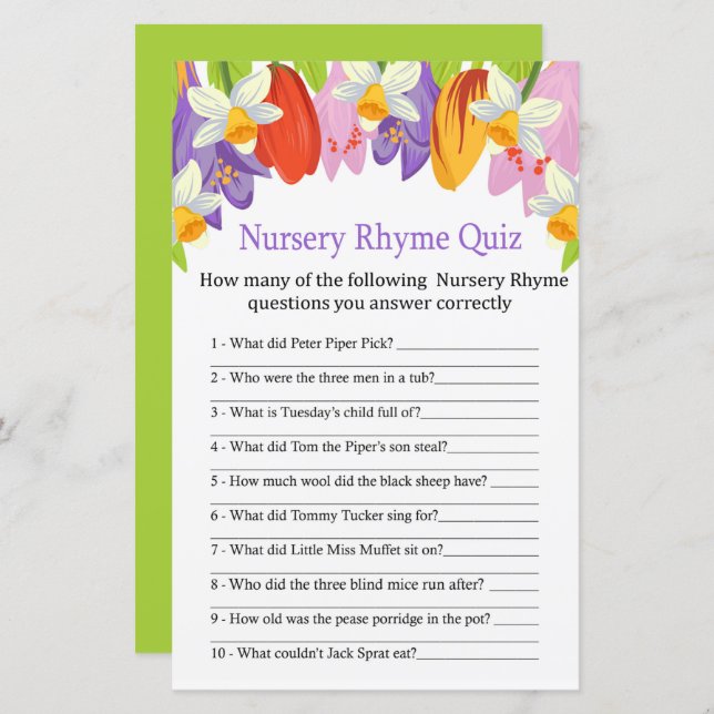 Tulip Kinderzimmer Rhyme Quiz Babyduschspiel (Vorne/Hinten)