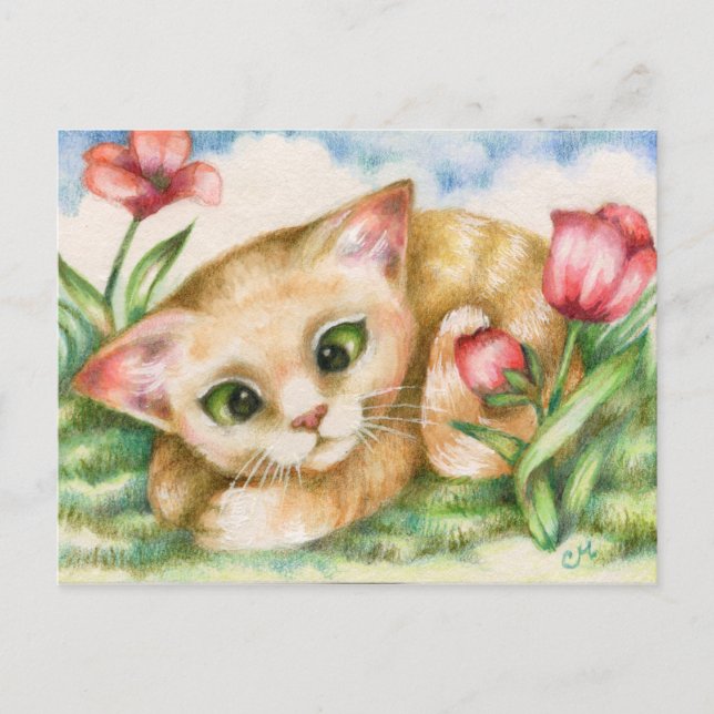 Tulip Kitty - Cat Art Postcard Postkarte (Vorderseite)