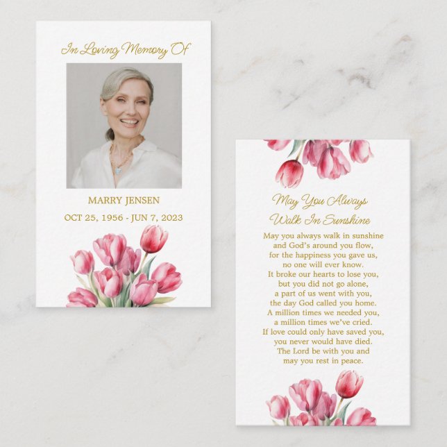 Tulip Memorial Photo Funeral Prayer Card Visitenkarte (Vorne/Hinten)