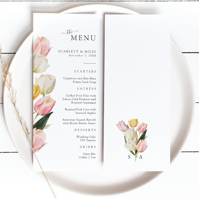 Tulip Wedding Menu Menükarte (Elegant Watercolor Tulip Wedding Menu Monogrammed by Painted Paperie
)