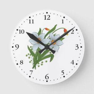 Tulips and Daffodils Flowers Clockface 1 Black Runde Wanduhr