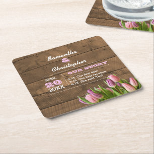 Tulips & Barnwood Pastel Personalisierte Hochzeit Rechteckiger Pappuntersetzer